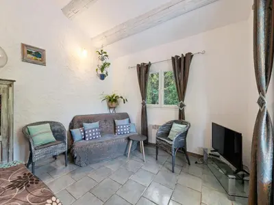 a living room with a couch and chairs and a tv at Modern holiday home with private pool in Lambesc