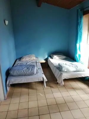 two beds in a room with a blue wall at Appartement proche du parc des expositions avignon in Avignon