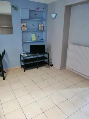 a living room with a tv on a blue wall at Appartement proche du parc des expositions avignon in Avignon