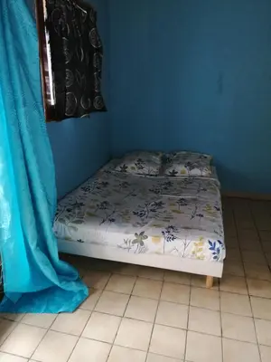 a small bed in a room with a blue wall at Appartement proche du parc des expositions avignon in Avignon