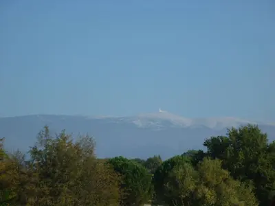 a view of a lake in the middle of trees at La petite maison avec piscine face au Luberon in Robion en Luberon