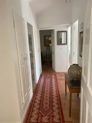 a hallway with a red rug on the floor at Villa des Roses in Roussillon