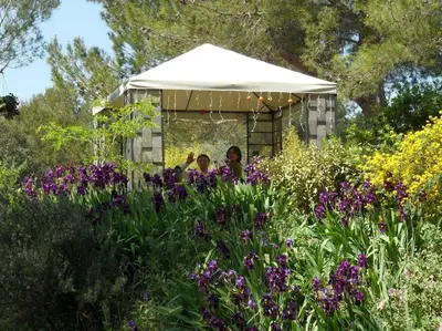 two people in a gazebo in a field of flowers at L'OLIVERAIE EN PROVENCE in Lambesc
