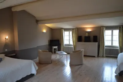 a bedroom with a bed and two chairs and a television at Le Couvent in Apt