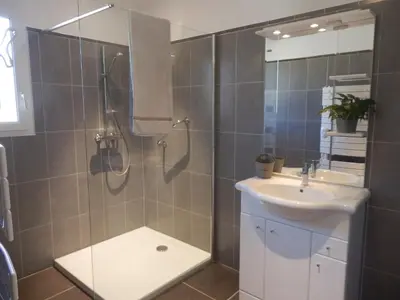 a bathroom with a shower and a sink at La Maison Bougnette in Flassan