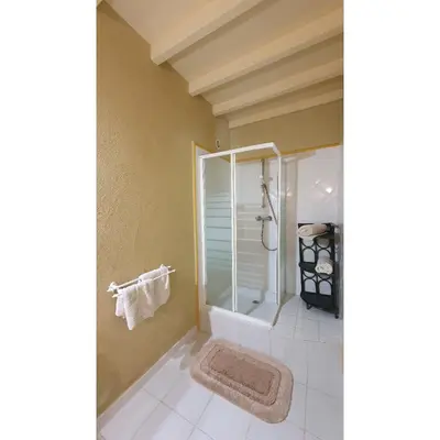 a bathroom with a shower with a glass door at gîte Mas Antinea in Mazan