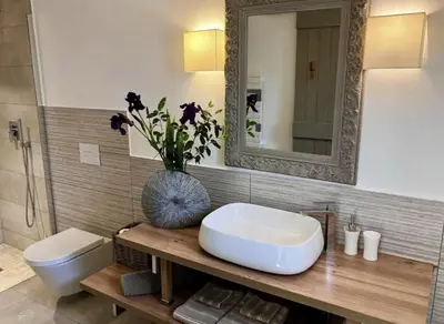 a bathroom with a sink and a toilet and a mirror at Le Mas les Pléiades - Private pool - Gordes in Gordes