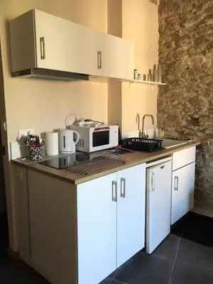 a kitchen with white cabinets and a microwave on a counter at 13 QUAI JEAN JAURES in LʼIsle-sur-la-Sorgue