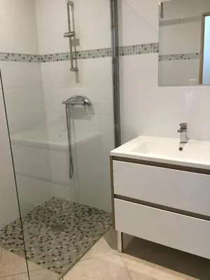 a bathroom with a shower and a sink at Large family home with private pool in Vignères, 10 sleeps. in Cavaillon