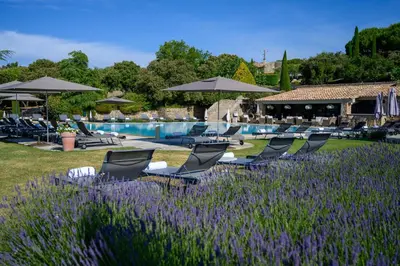 a group of chairs and a pool with purple flowers at Hotel Les Bories & Spa in Gordes