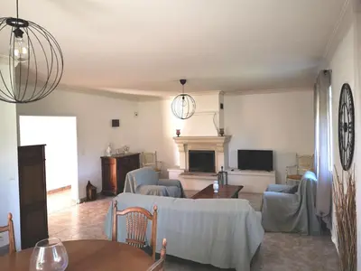 a living room with a couch and chairs and a fireplace at Aux portes du Luberon in Cheval-Blanc