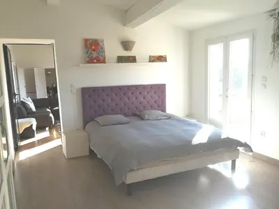a bedroom with a bed with a purple headboard and a mirror at maison Moliere in Aix-en-Provence