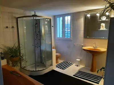 a bathroom with a glass shower and a sink at le Mas d'Hubert in LʼIsle-sur-la-Sorgue