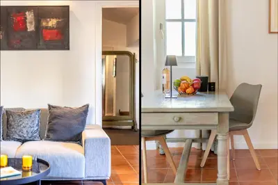 two pictures of a living room with a couch and a table at Mas OREA in Gordes
