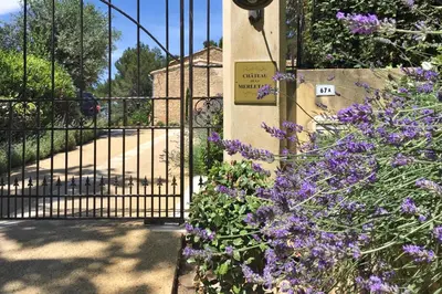 a gate with purple flowers in front of a building at Château de la Merletade in Cheval-Blanc