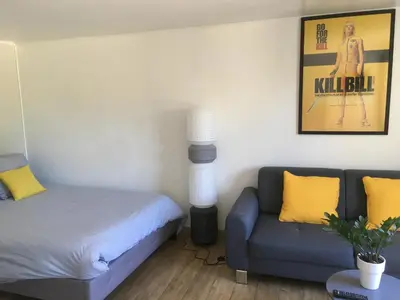 a living room with a bed and a couch at T2 de la Bastide Rouge vue exceptionnelle (180°) sur Aix domaine privé T2 indépendant de 37 m2 avec terrasse exposée plein sud Piscine 10 X 5 in Aix-en-Provence