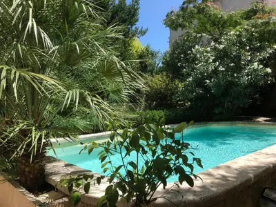 a swimming pool in a garden with palm trees at MAISON LUBERON in Apt