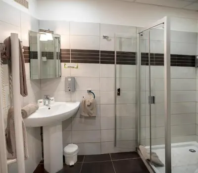 a bathroom with a sink and a shower at Hotel Toppin in Cavaillon