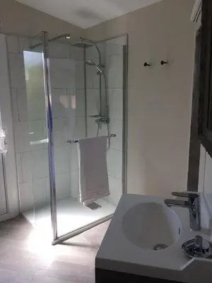 a bathroom with a shower and a sink at L'ATELIER JONQUERETTES in Jonquerettes