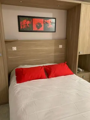 a bed with two red pillows in a bedroom at HOTEL RESTAURANT OLYMPE in Aix-en-Provence