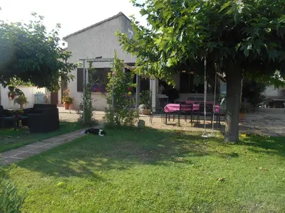 a cat laying in the yard of a house at Centre d'énergies in Monteux