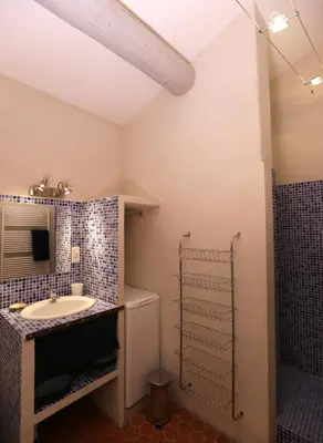 a bathroom with a sink and a shower at DOMAINE de MAS CARON Gîte 4* au pied du Ventoux en Provence in Caromb