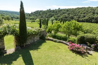 a view of a garden with flowers and trees at Mas de Michel in Bonnieux