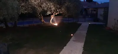 a yard at night with lights in the grass at Maison le Pastaga in Caromb