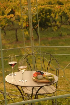 a table with a plate of food and two glasses of wine at La Bastide de Marie, Maisons et Hôtels Sibuet in Ménerbes