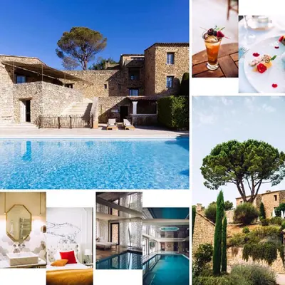 a collage of pictures of a house and a pool at Mas des Herbes Blanches Hôtel & Spa – Relais & Châteaux in Joucas