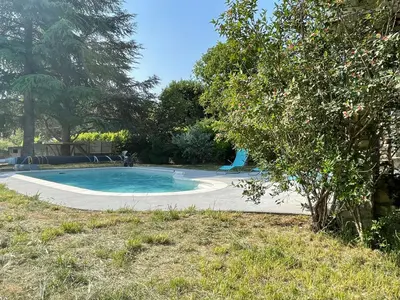 a swimming pool in a park with a tree at Villa Camille in Céreste