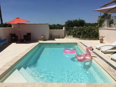a swimming pool with a pink flamingo in the water at Vacation rental in the Alpilles, Provence, close to the village center - Beautiful view -Air conditionning Heated pool and spa - sleeps 8 in Aureille