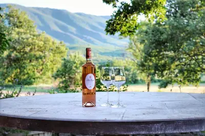 a bottle of wine and a glass on a table at Villa piscine face au grand luberon Cereste in Céreste