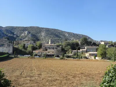 a village with a field in front of a mountain at Gite le bagnol un coin de paradis in Maubec