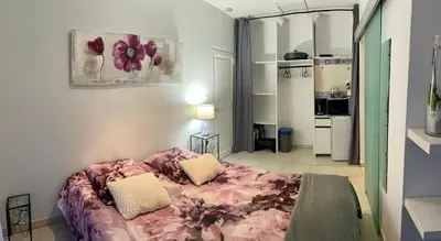a bedroom with a pink bed with two pillows at Chambre privée indépendante au cœur du Luberon in Saint-Saturnin-les-Apt