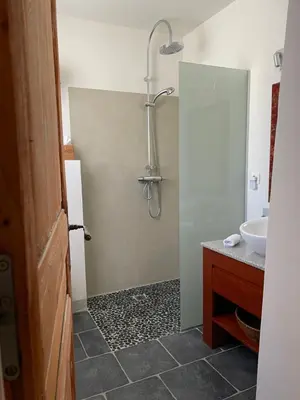 a bathroom with a shower and a sink at La Cour Carrée in Rustrel
