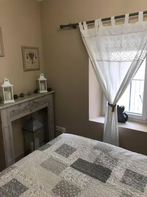 a bedroom with a bed with a curtain and a fireplace at Provence Luberon Bonnieux location gite chez Marcelle in Bonnieux
