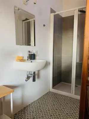 a bathroom with a sink and a shower at Stone house in Isle-sur-la-Sorgue in LʼIsle-sur-la-Sorgue