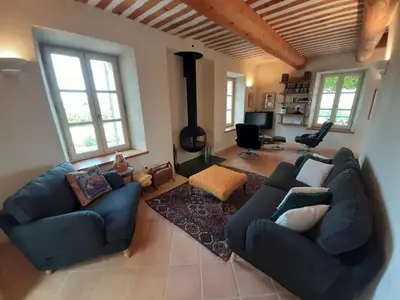a living room with two couches and a fireplace at Chez Manon in Apt