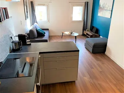 a living room with a kitchen and a living room with a couch at LE FOCH in Aix-en-Provence