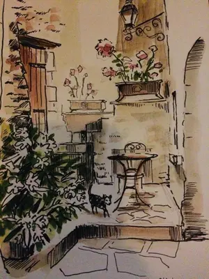 a drawing of a room with flowers and a table at LA MAISON D’ALICE in Sault-de-Vaucluse