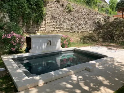 a pool of water with a stone wall at Les Cabanes de la Fontaine in Lacoste