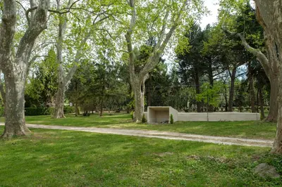 a park with trees and grass with a building in the background at Mas 9 Romanin - Mas Provençal Familial in Saint-Rémy-de-Provence