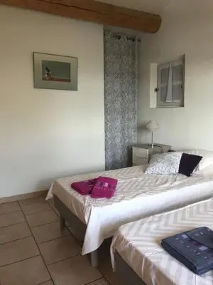 a bedroom with two beds with purple pillows on them at La Bastide de l'Olivier in Flassan