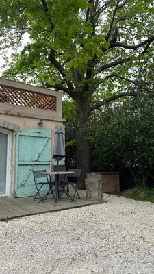 a patio with a table and an umbrella next to a tree at Studio charmant au calme in Aix-en-Provence