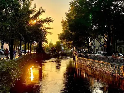 a park bench sitting on the side of a river at 