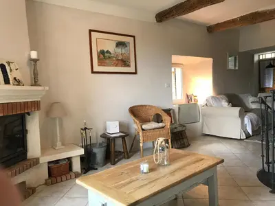 a living room with a table and a fireplace at L'Ensoleillée in Ménerbes