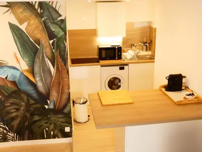 a kitchen with a counter top with a microwave at LE BEDARRIDE in Aix-en-Provence