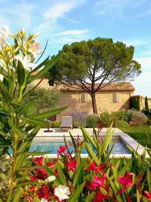 a garden with a swimming pool and a house at Le Cottage du Chat Blanc in Saint-Didier