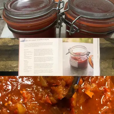 a collage of pictures of food and a jar of preserves at Maison Lou Roucas in Cabrières-dʼAigues